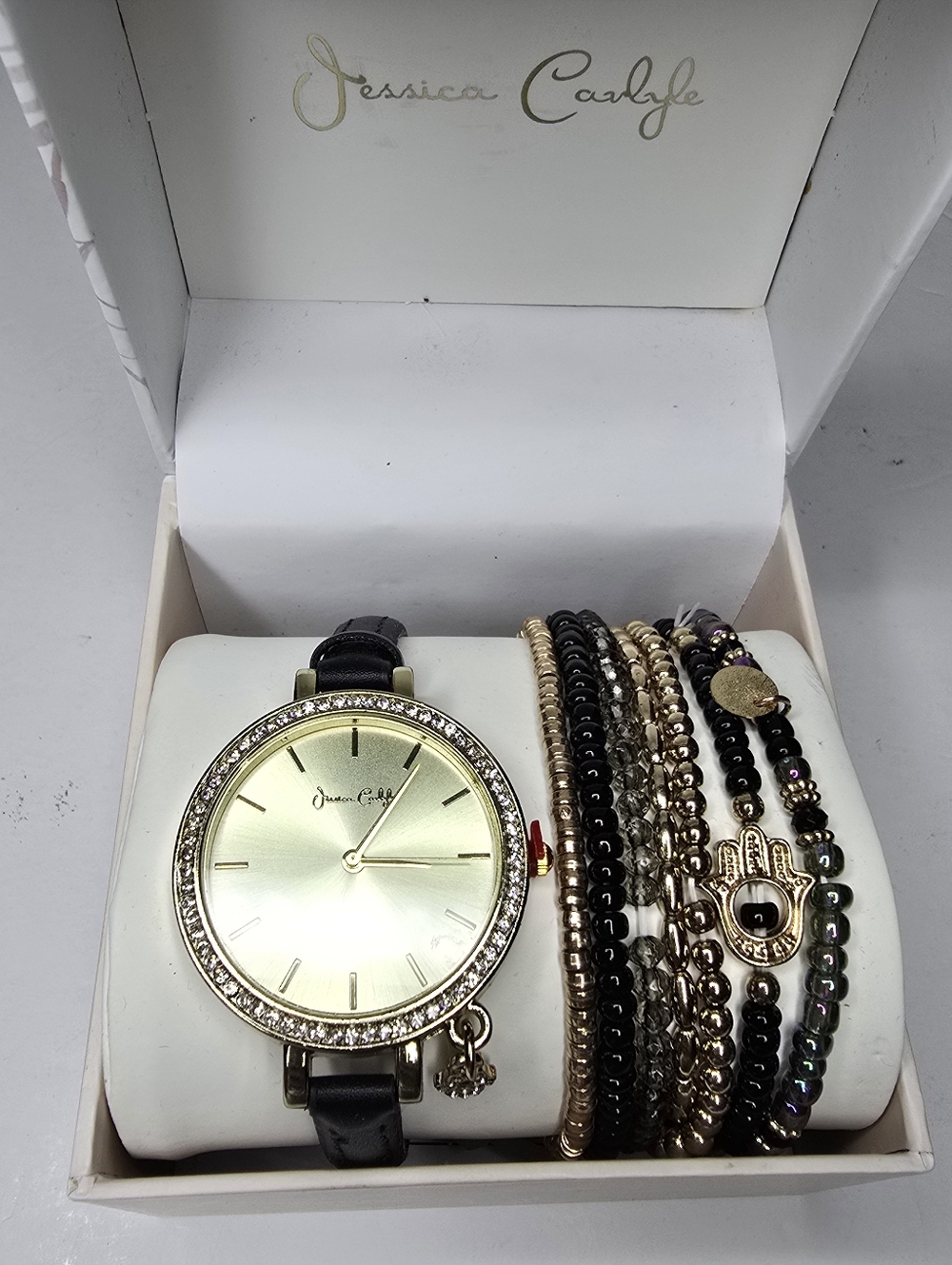 Jessica Carlyle Black Faux Leather Strap Watch 34mm Beaded Bracelets Gift Set